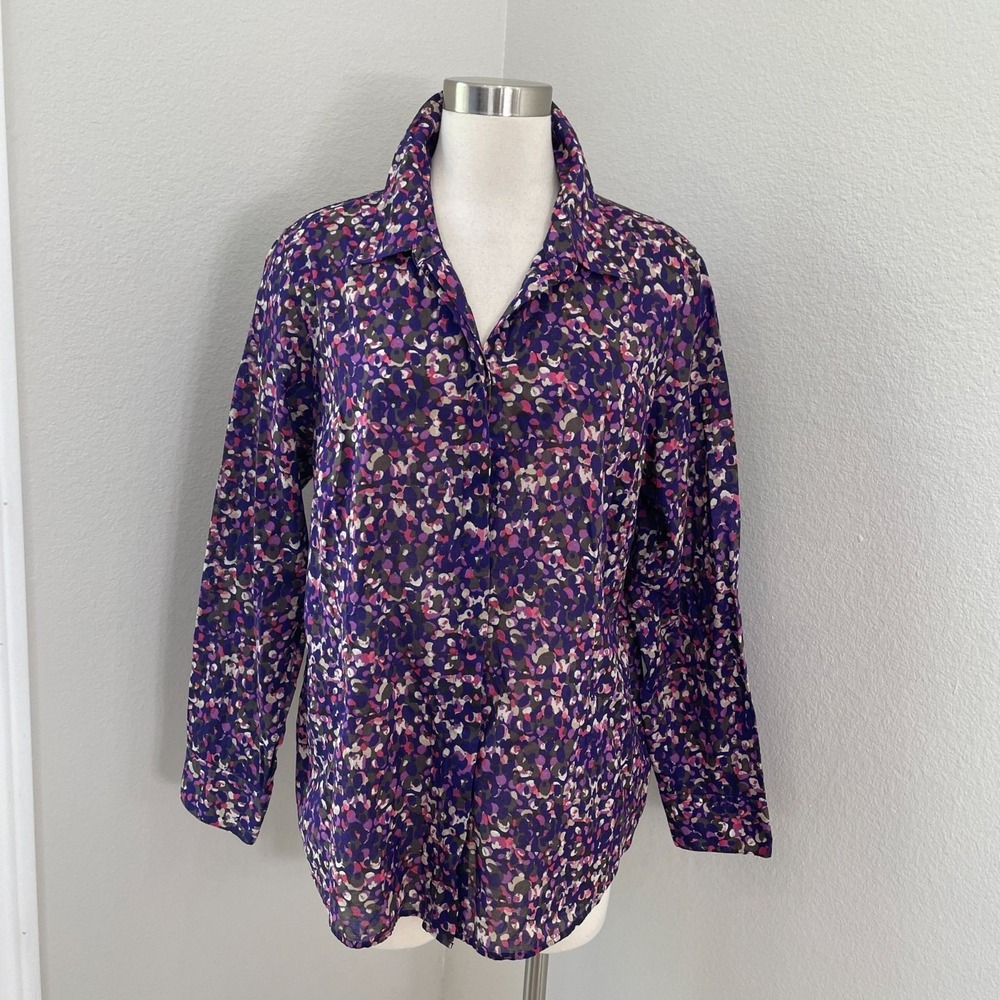 Coldwater Creek Womens Plus 1X No Iron Button Up Blouse Purple Pink Shirt Top